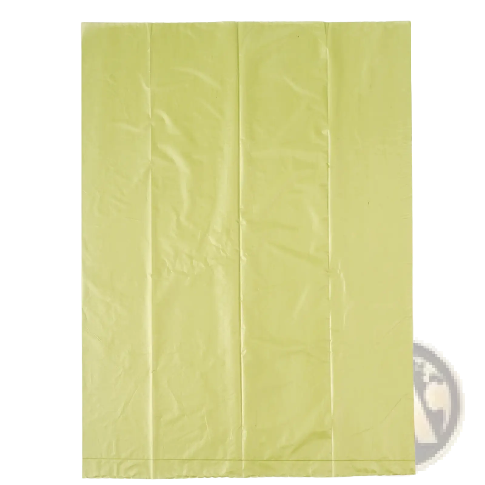 A pale yellow biodegradable dog waste bag made of thickened plastic with visible creases and seams