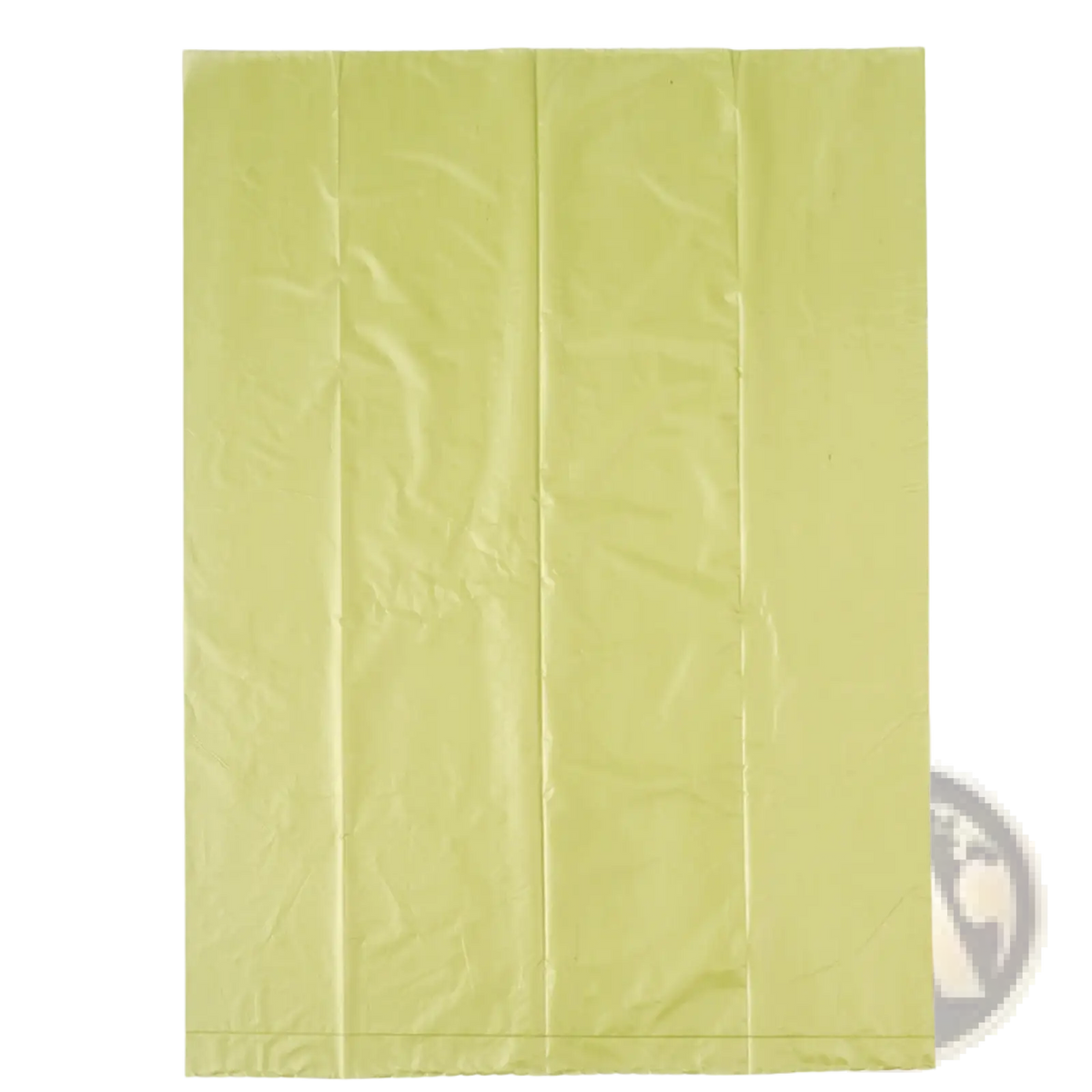 A pale yellow biodegradable dog waste bag made of thickened plastic with visible creases and seams