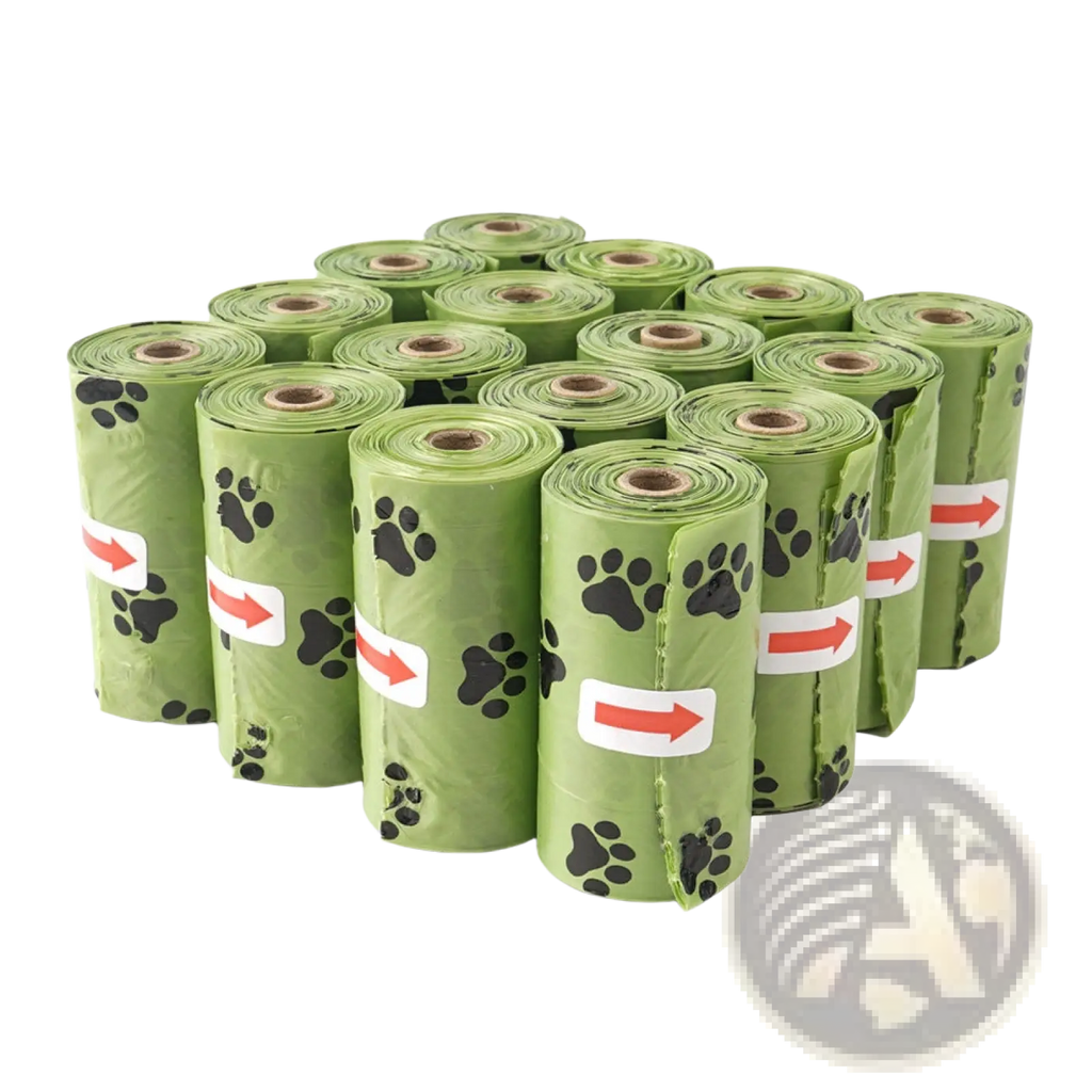 Green biodegradable dog waste bags with black paw prints and red arrow labels for thickened pet poop disposal