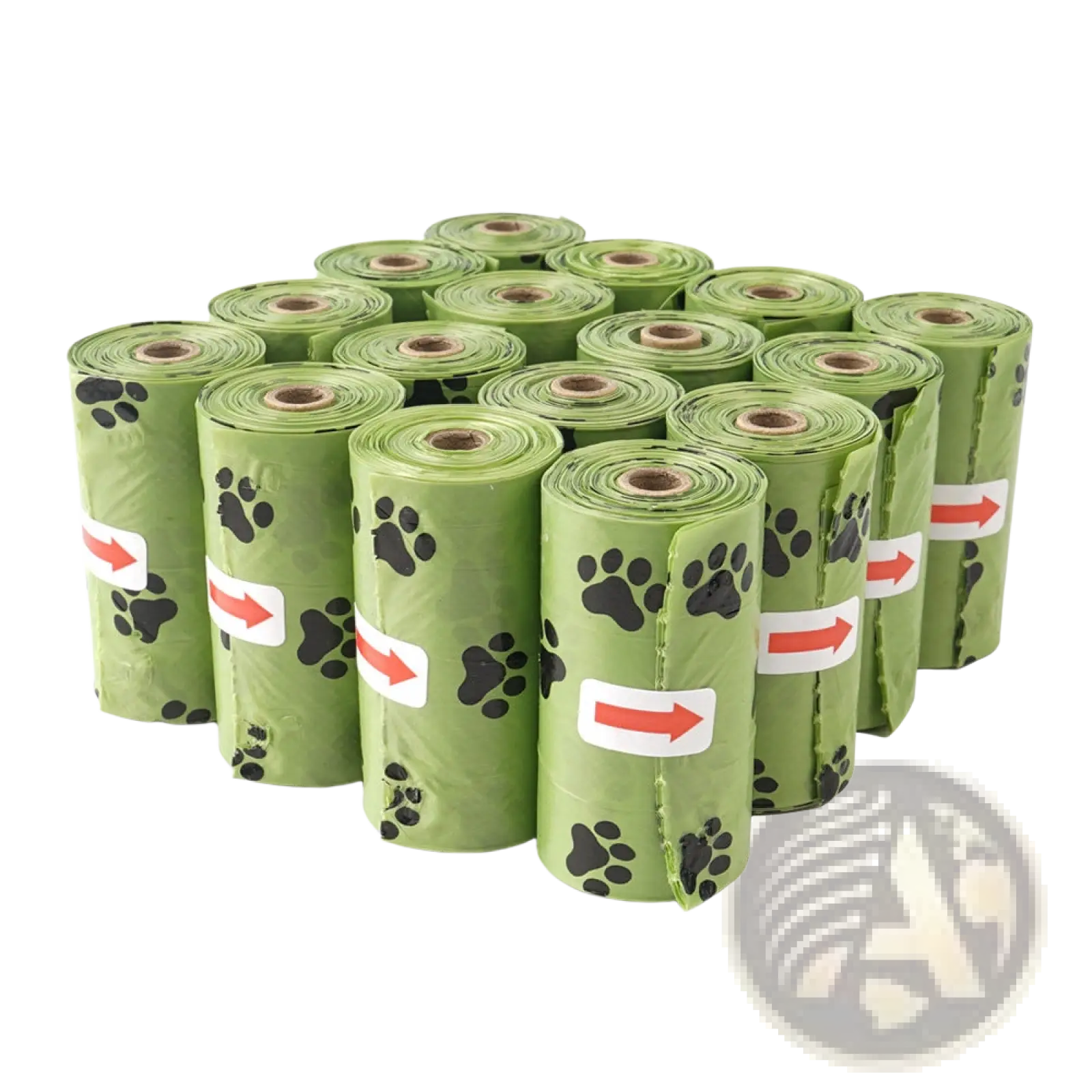 Green biodegradable dog waste bags with black paw prints and red arrow labels for thickened pet poop disposal