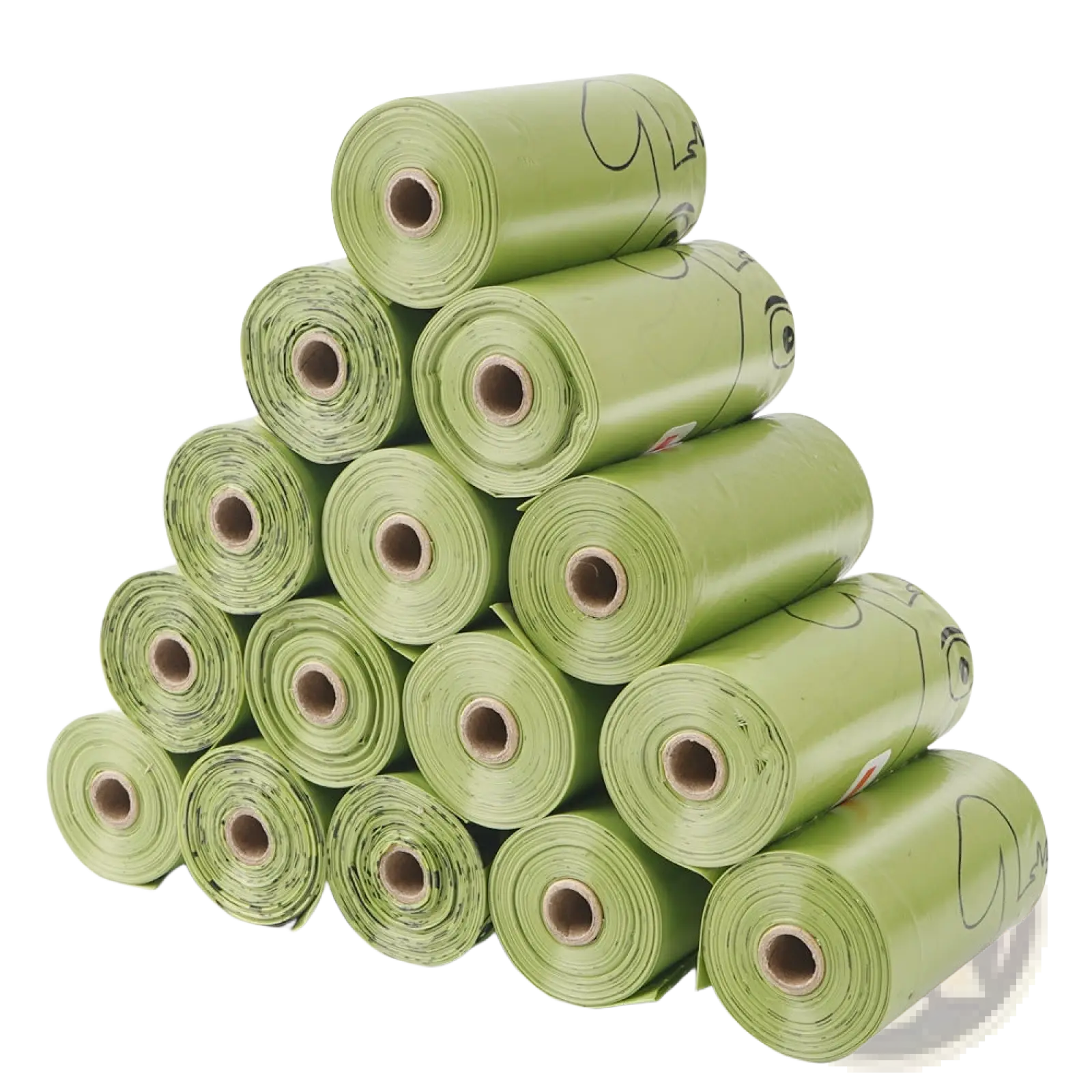 Green biodegradable dog waste bags made of thickened plastic with cartoon face designs for pet poop disposal