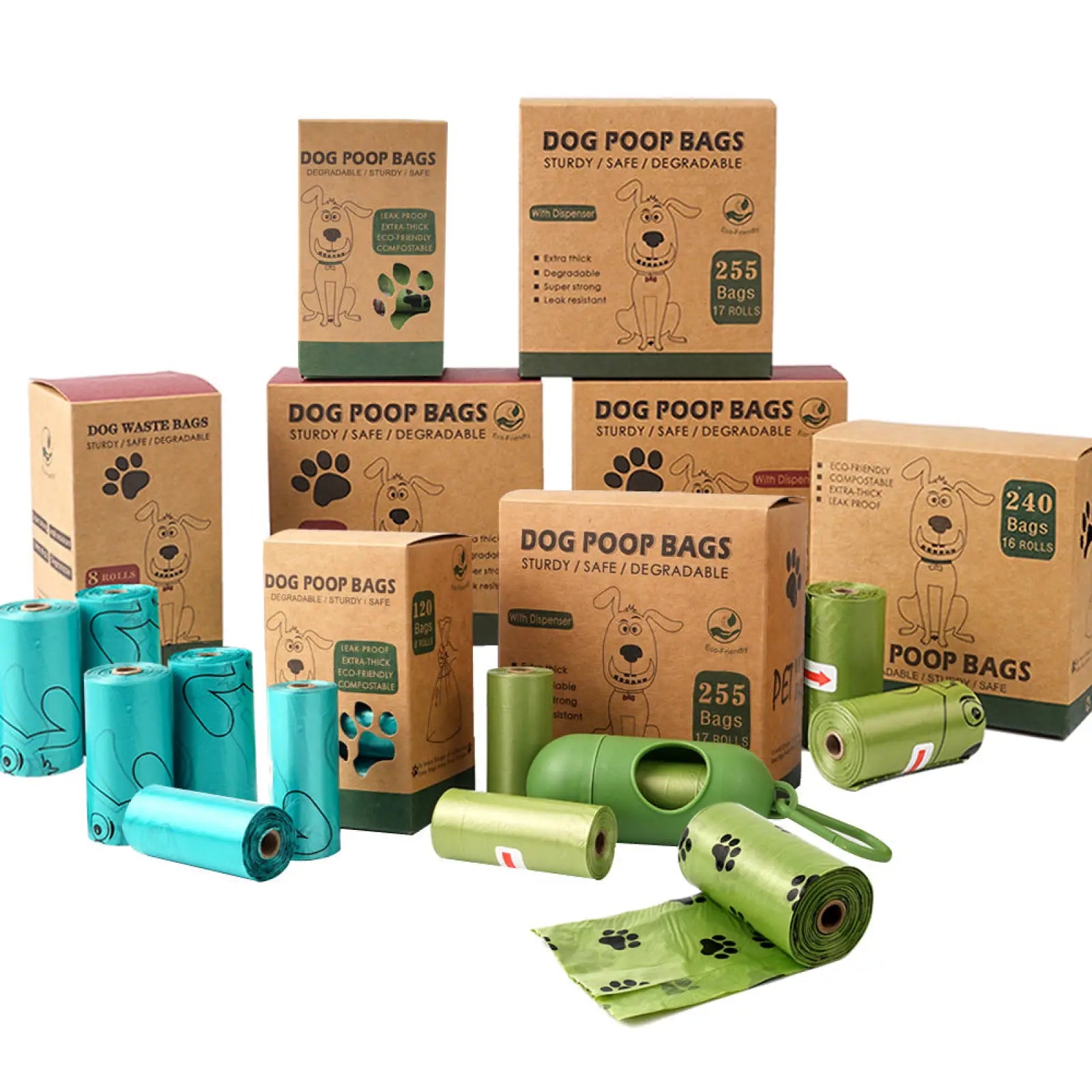 Biodegradable green and teal dog waste bags with paw prints in cardboard boxes labeled dog poop bags for pet use