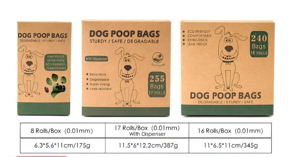 Three cardboard boxes of biodegradable dog waste bags with cartoon dog illustrations labeled eco-friendly extra-thick and leak-proof