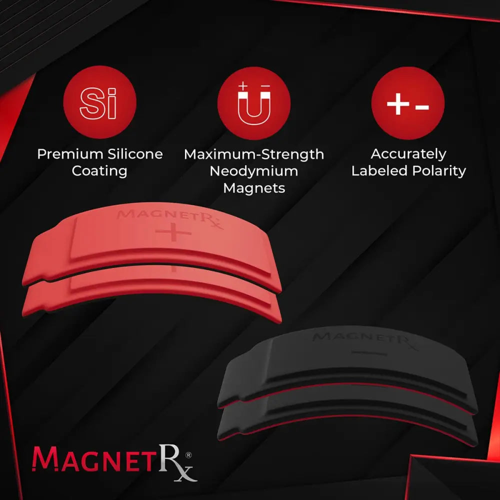 Magnetrx biomagnetism therapy arc magnet set with red and black silicone magnetic bands labeled for polarity use