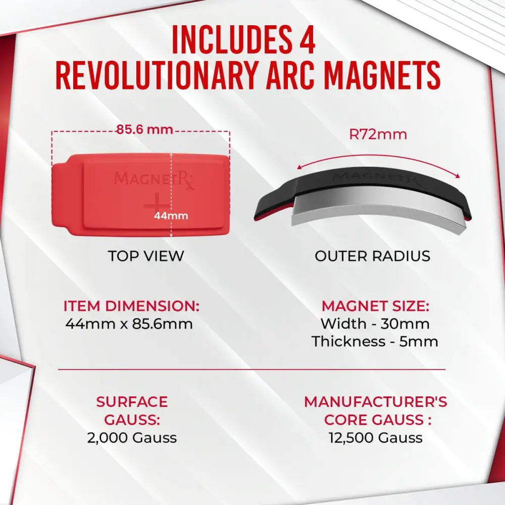 Red rectangular biomagnetism therapy arc magnet with sleek design and magnerx logo for Magnetrx set with case
