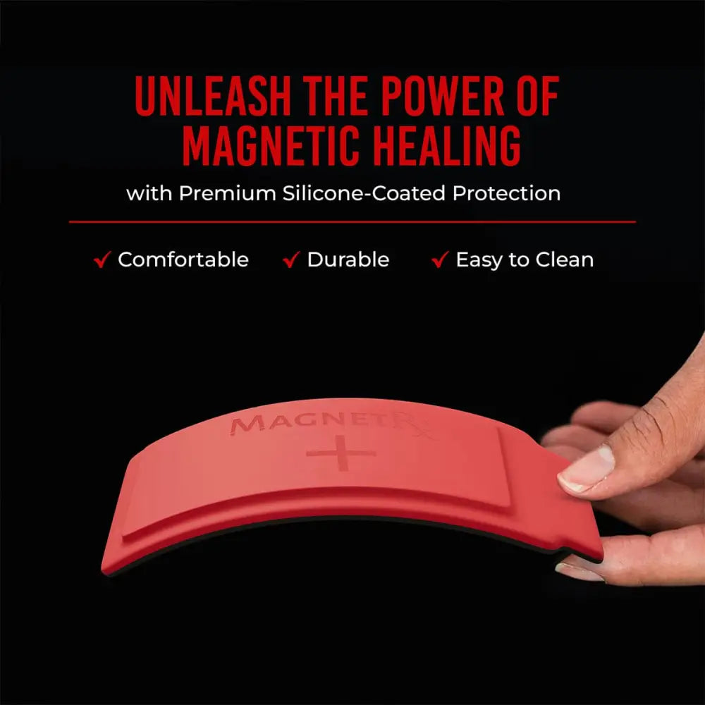 Red silicone-coated magnetic healing pad with embossed branding and plus symbol from Magnetrx Biomagnetism Therapy Arc Magnet Set