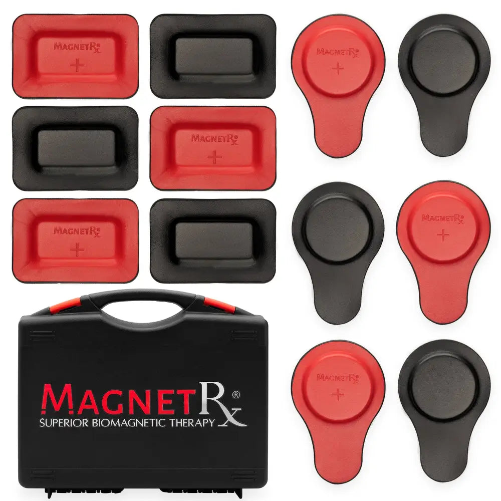 Magnetrx 12 piece ferrite and leather biomagnetic therapy kit with red and black magnetic therapy pads in carrying case