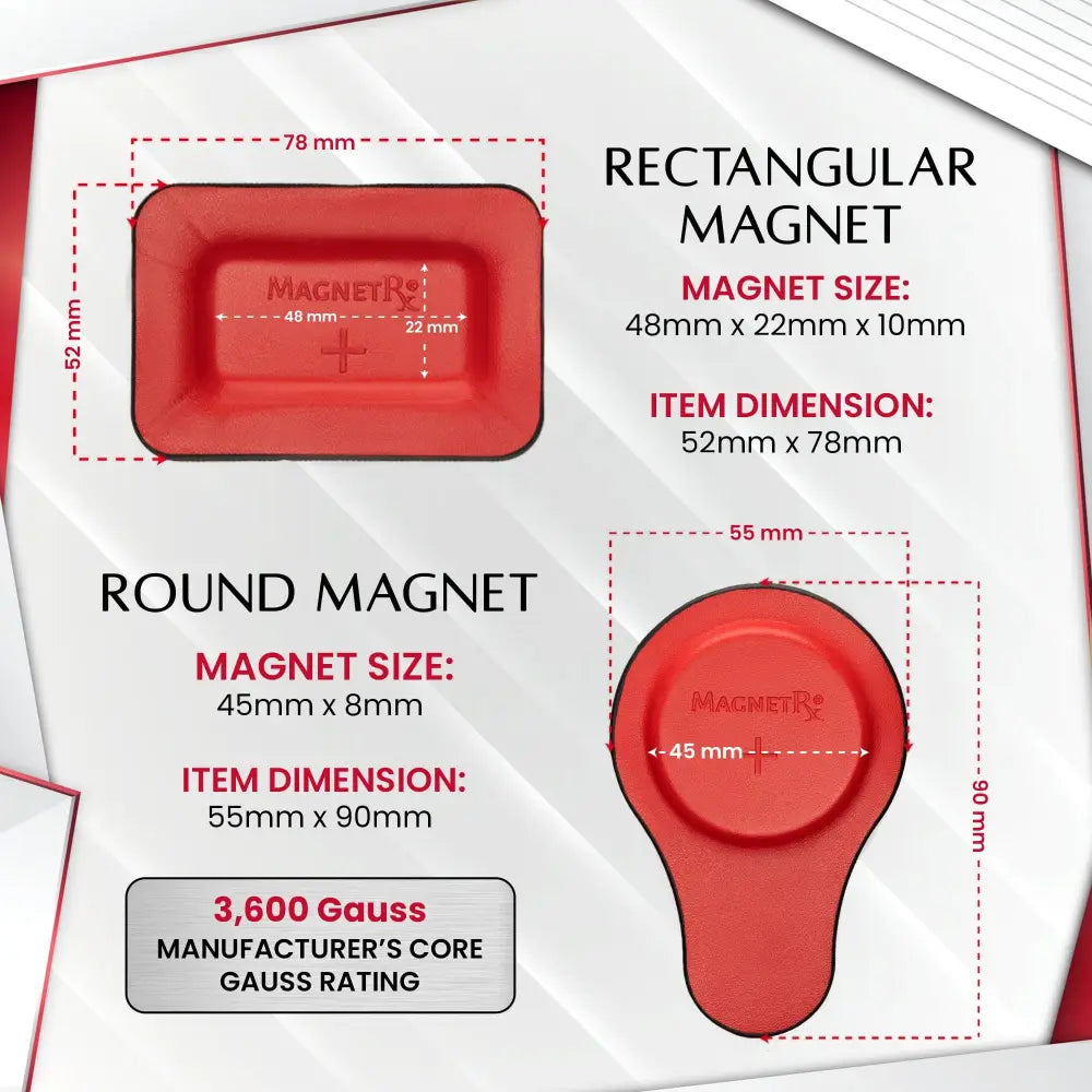 Red rectangular and round ferrite magnets embossed with magnetre logo from the magnetrx 12 piece biomagnetic therapy kit