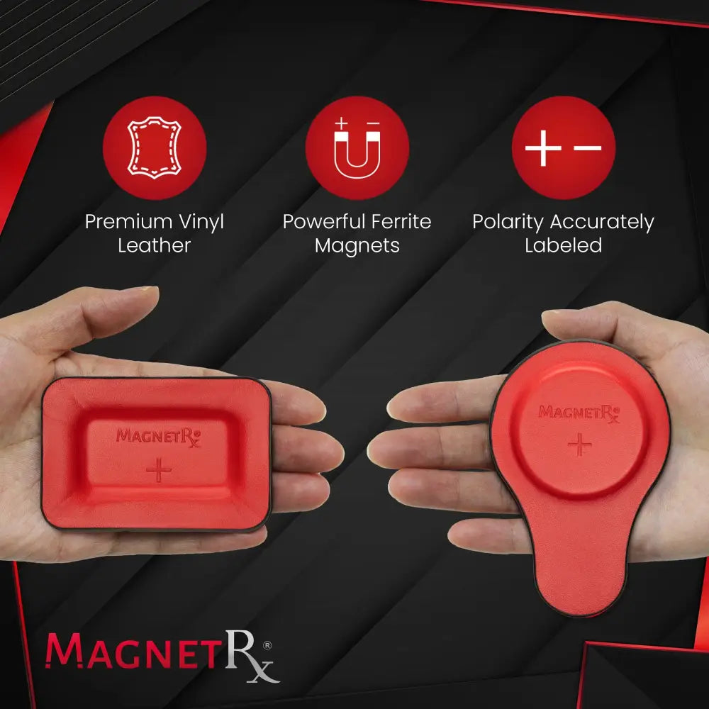 Red rectangular and oval-shaped magnetic organizers made of premium vinyl leather with magnetrx logo for biomagnetic therapy kit
