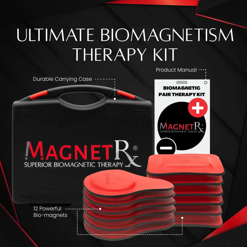 Magnetrx 12 piece ferrite and leather biomagnetic therapy kit with red oval bio-magnets stacked in black case