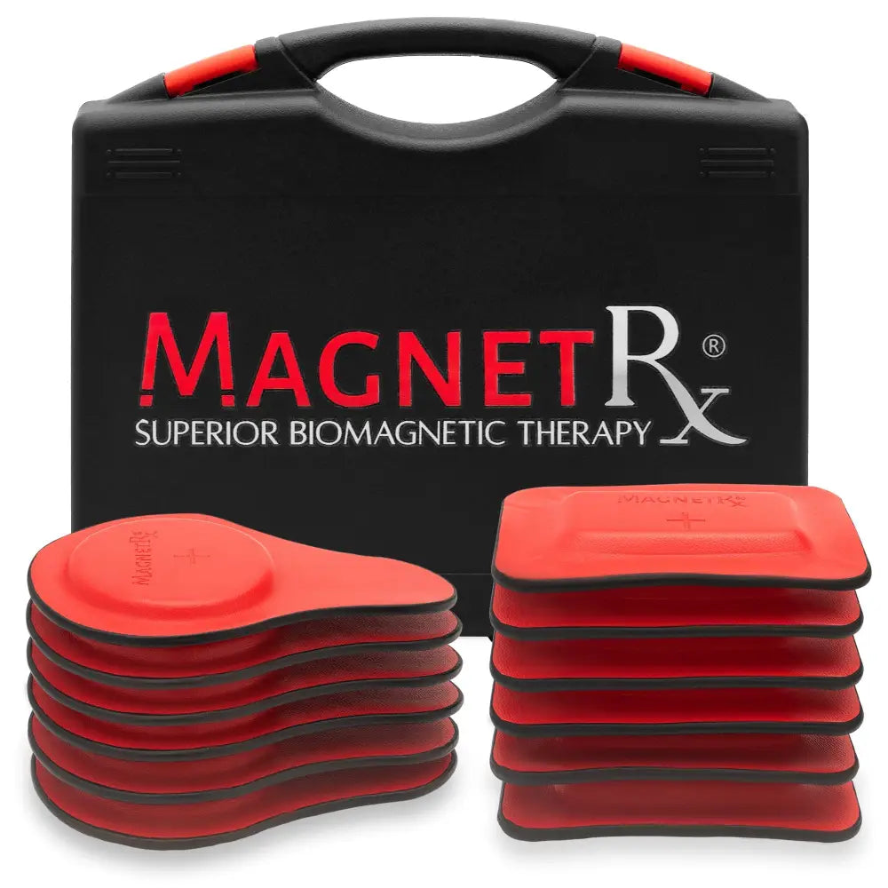 Magnetrx 12 piece ferrite and leather biomagnetic therapy kit with red flexible magnetic therapy pads in black case