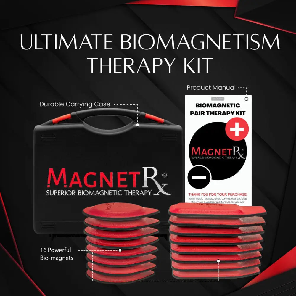 Magnetrx 16 piece ferrite and leather biomagnetic therapy kit showing red circular bio-magnets stacked in a black case