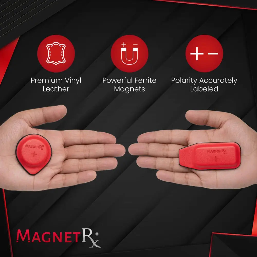 Magnetrx 16 piece ferrite and leather biomagnetic therapy kit featuring red magnetic clips with polarity labeled sides made of premium vinyl leather