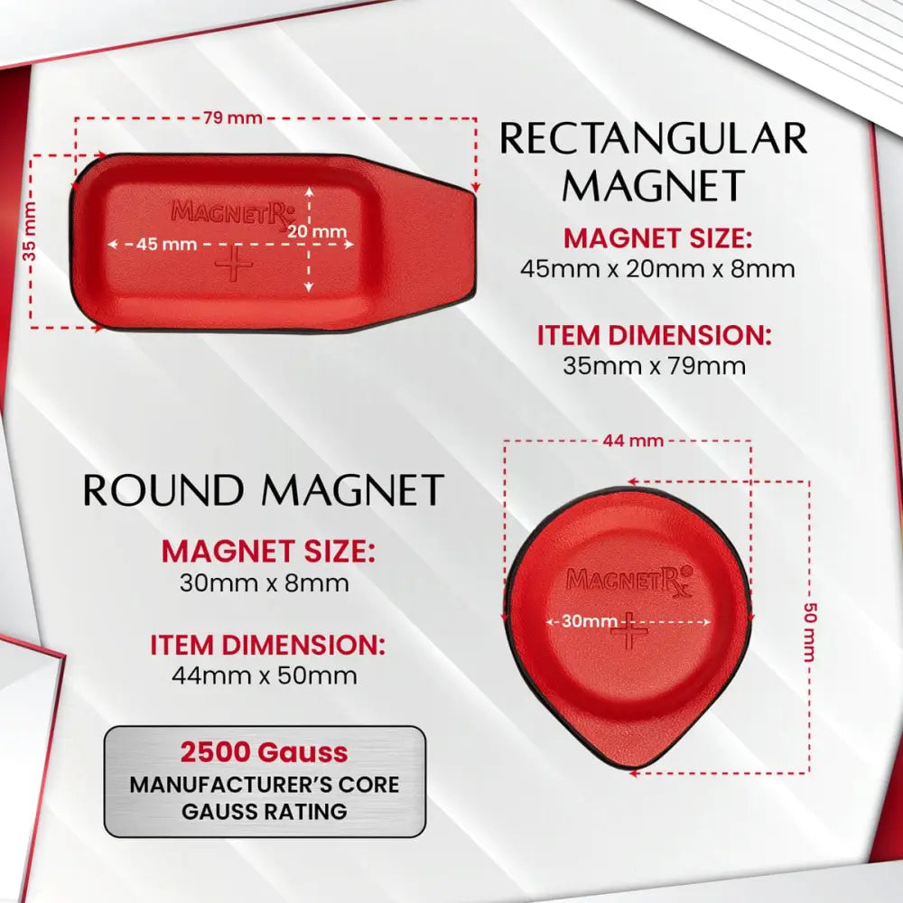 Red rectangular and round ferrite magnets embossed with magnetr logo from magnetrx 16 piece biomagnetic therapy kit