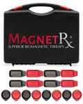 Black plastic Magnetrx carrying case with red and silver branding containing 16 piece biomagnetic therapy pads