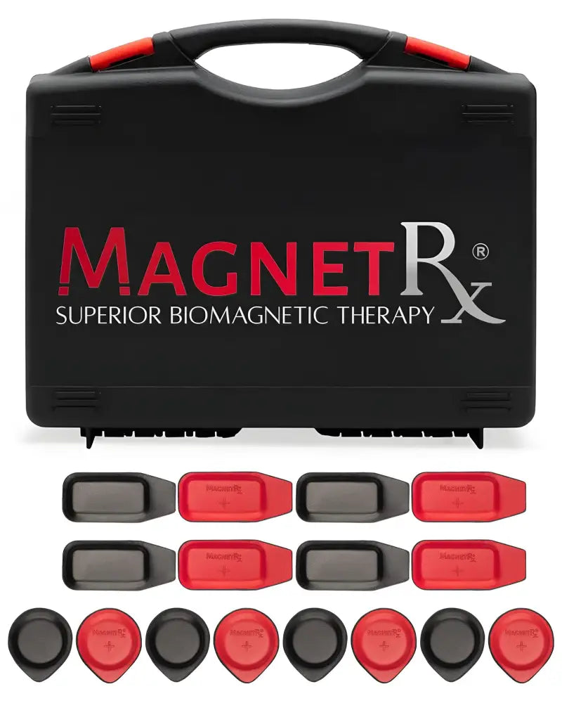 Black plastic Magnetrx carrying case with red and silver branding containing 16 piece biomagnetic therapy pads