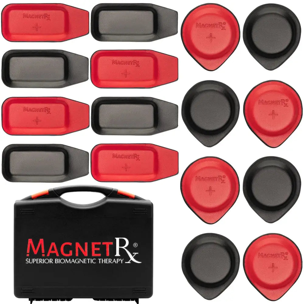Red and black ferrite and leather magnetic therapy pads arranged in sets with a matching black carrying case