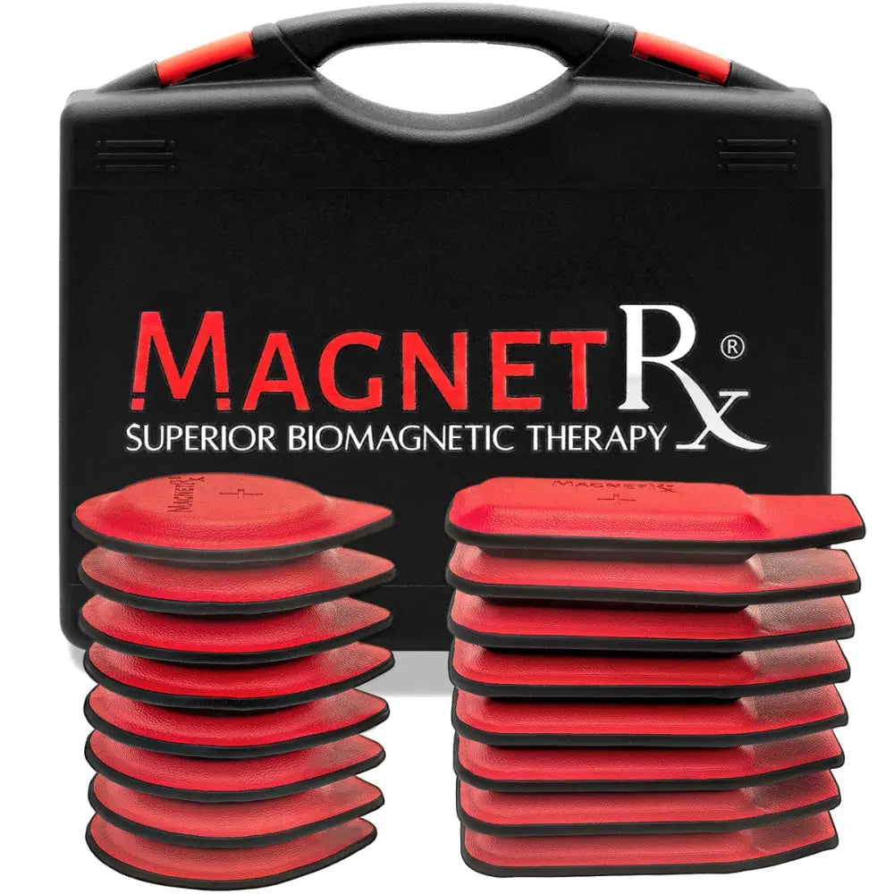 Magnetrx 16 piece ferrite and leather biomagnetic therapy kit with red and black magnetic therapy pads in carrying case