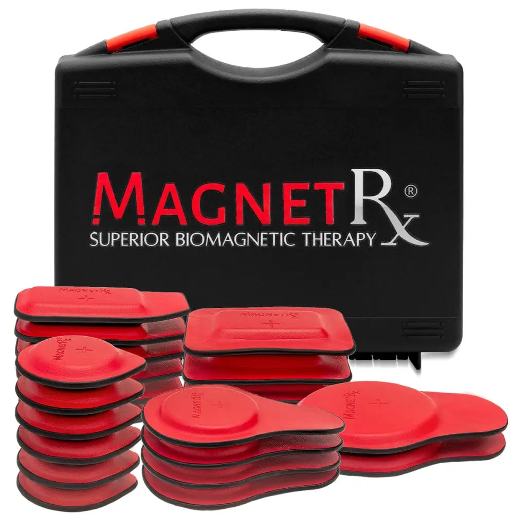 Red oval ferrite and leather biomagnetic therapy pads with black edges displayed with branded carrying case