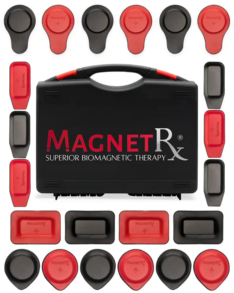Black and red ferrite magnetic therapy discs in a branded leather carrying case from 22 piece biomagnetic magnet kit