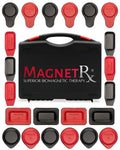 Black and red ferrite magnetic therapy discs in a branded leather carrying case from 22 piece biomagnetic magnet kit