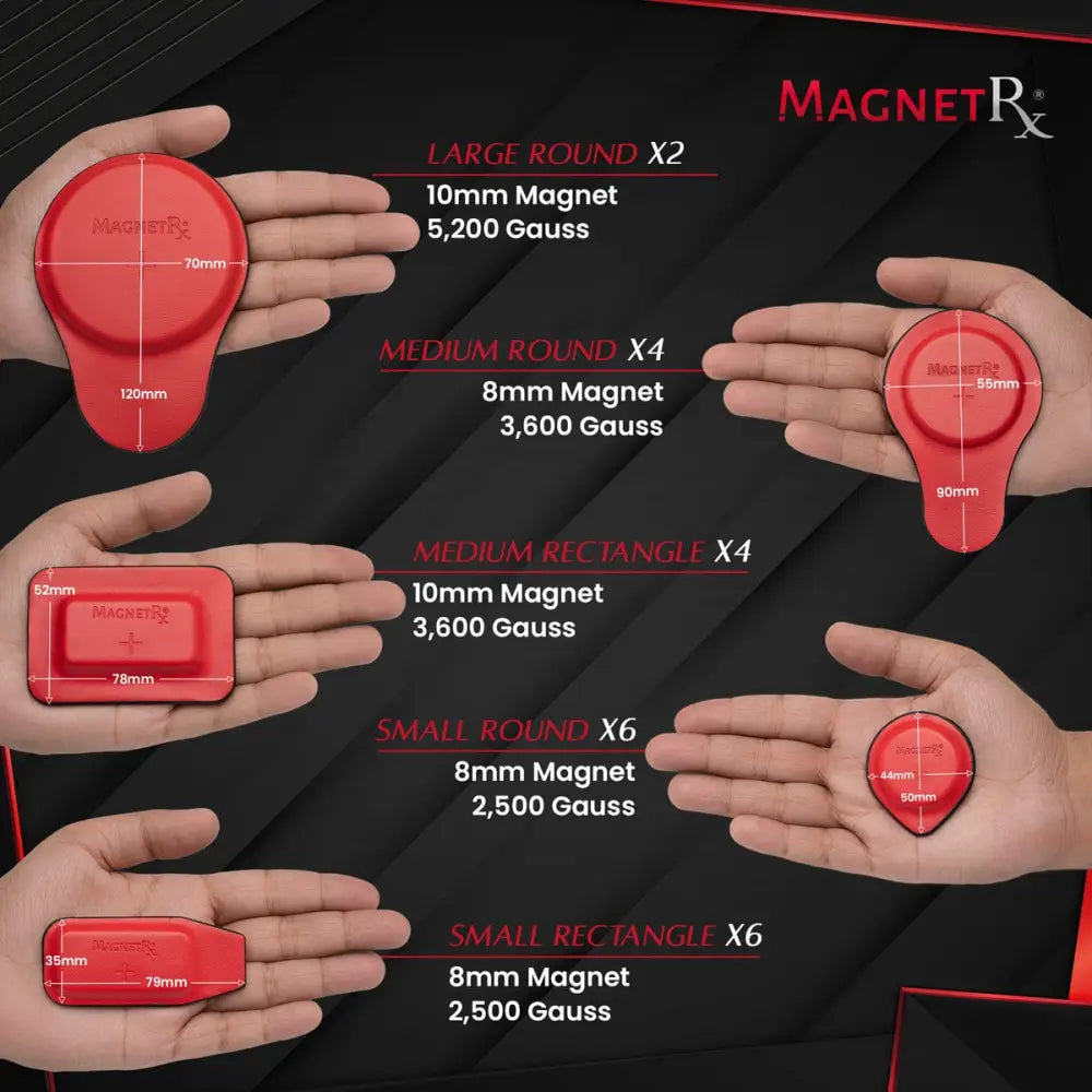 Red plastic ferrite biomagnetic therapy magnets in various shapes and sizes with magnetrx branding