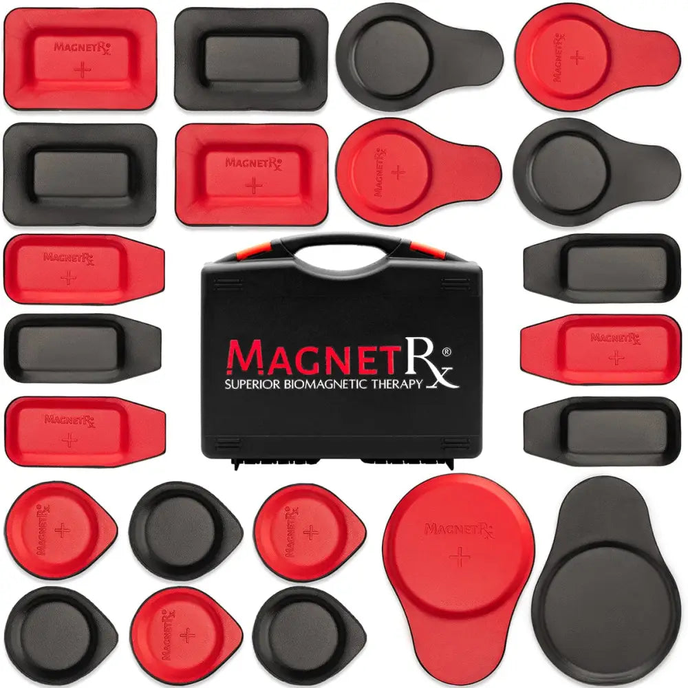 Black and red ferrite and leather biomagnetic therapy pads in a black carrying case with orange accents kit