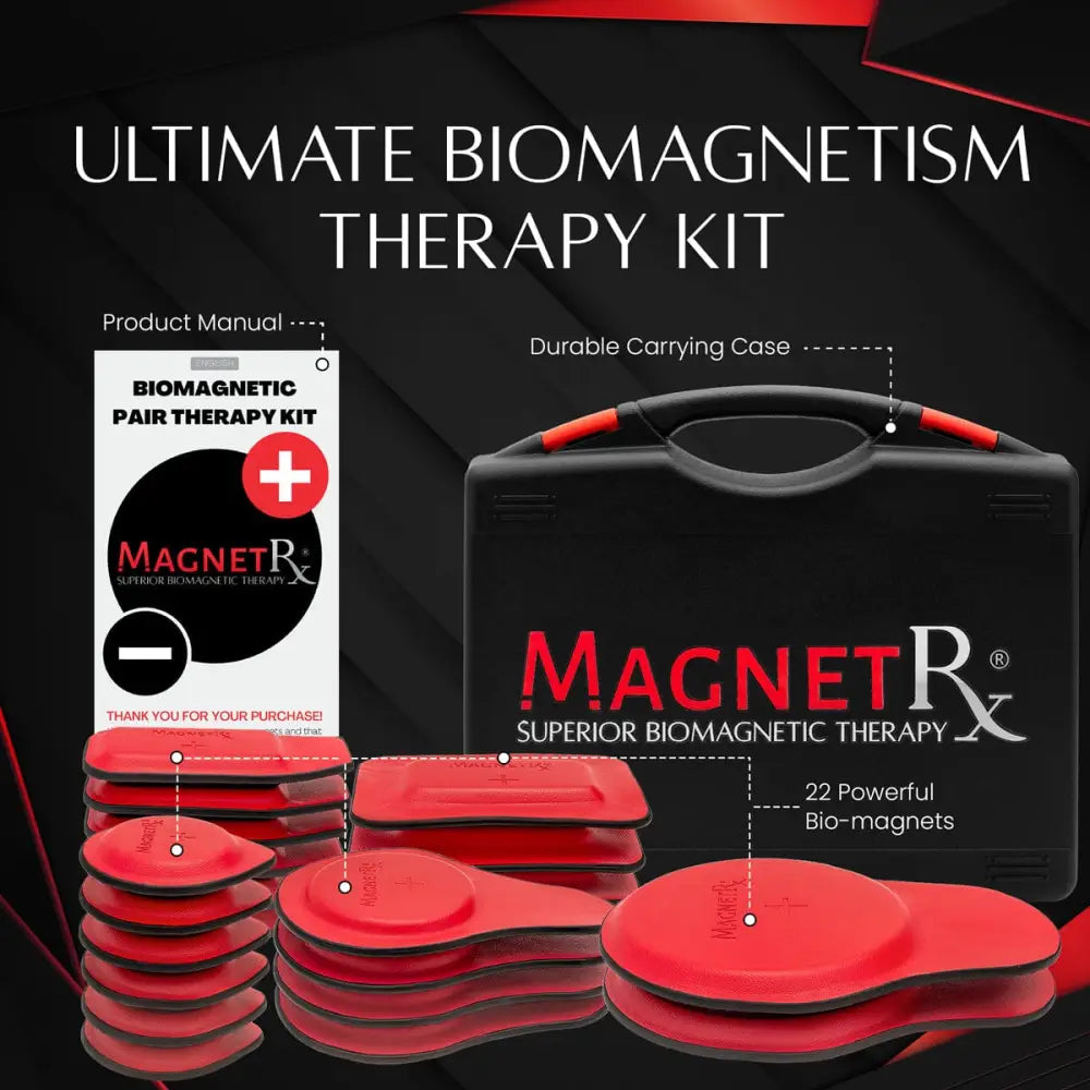 Red oval-shaped ferrite bio-magnets with smooth plastic finish displayed in front of black carrying case for therapy use
