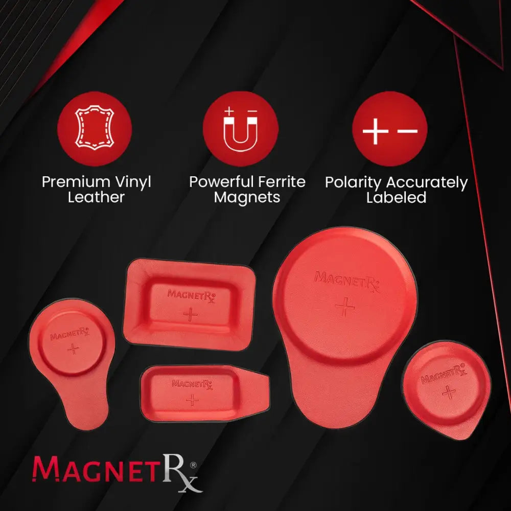 Set of red magnetrx magnetic tool covers made from premium vinyl leather for ferrite and leather biomagnetic therapy kit