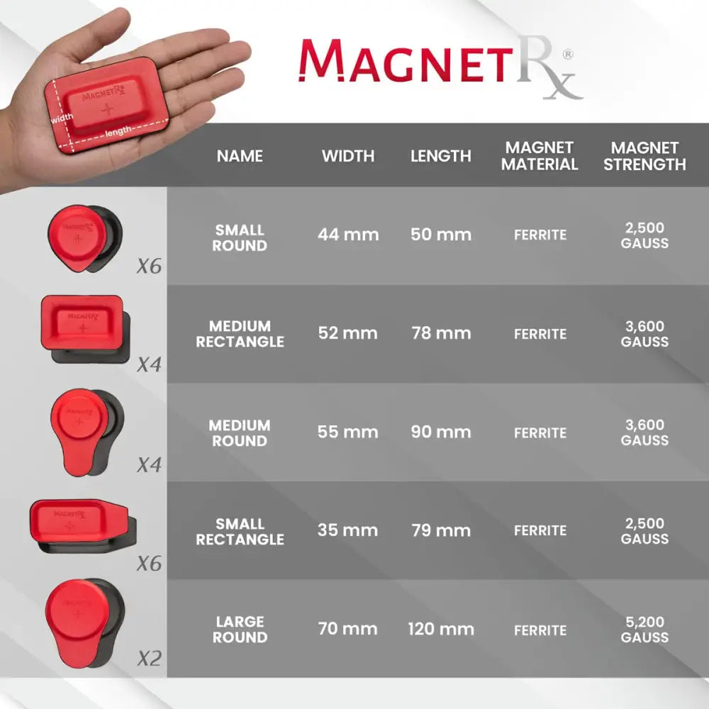 Red rectangular ferrite magnet with magnetrx branding and measurement markings from 22 piece biomagnetic therapy kit