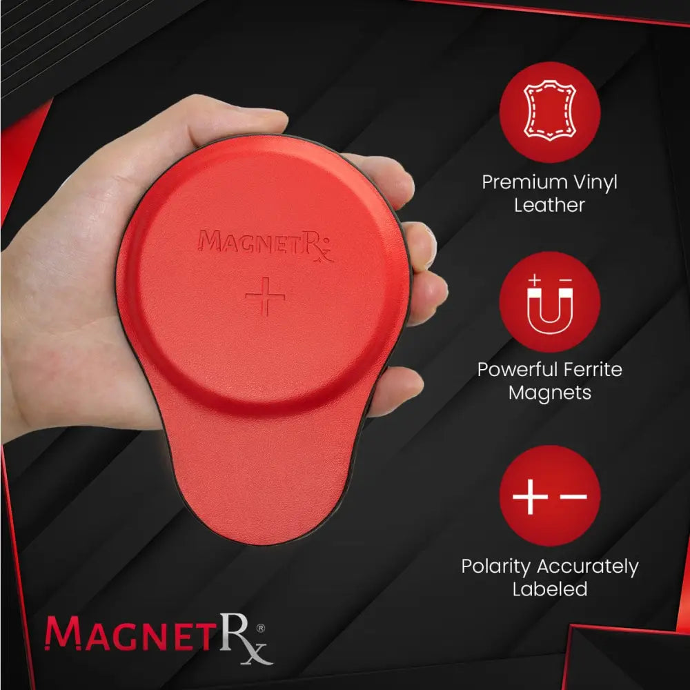 Red oval-shaped magnet with smooth premium vinyl leather finish and engraved branding from Magnetrx Ferrite Biomagnetic Therapy Kit