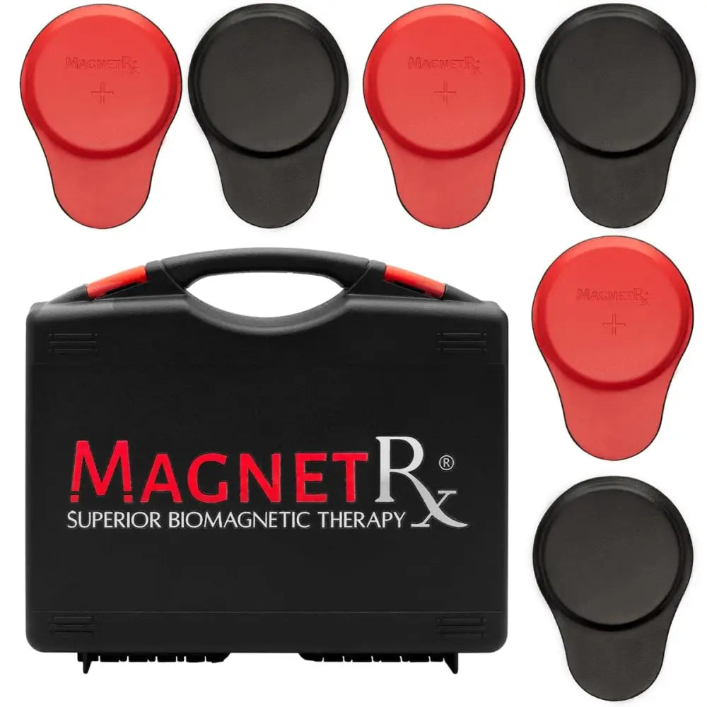 Black plastic carrying case with red and white magnetrx superior biomagnetic therapy branding holding four oval magnetic therapy discs