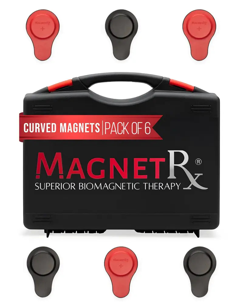 Black plastic case with red accents and magnetrx branding containing six curved red and black ferrite magnets for biomagnetic therapy