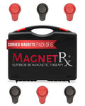 Black plastic case with red accents and magnetrx branding containing six curved red and black ferrite magnets for biomagnetic therapy