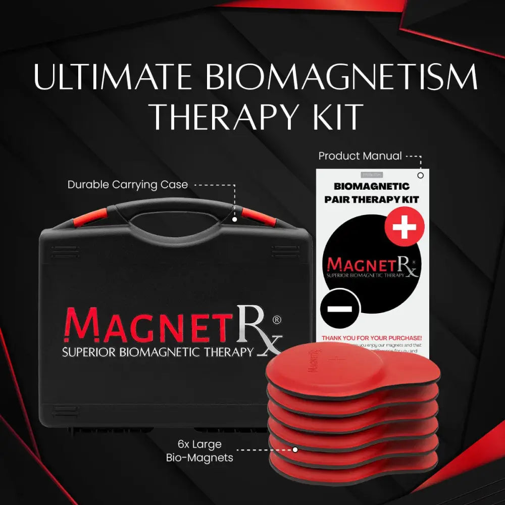 Black carrying case with red handle and magnetrx branding containing six large red ferrite biomagnets for therapy use