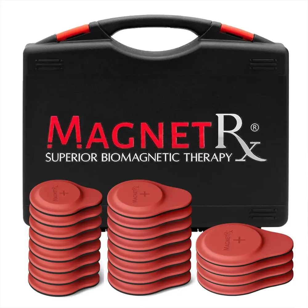 Magnetrx 20 piece neodymium biomagnetic therapy kit with red oval magnetic therapy pads in black carrying case with red accents
