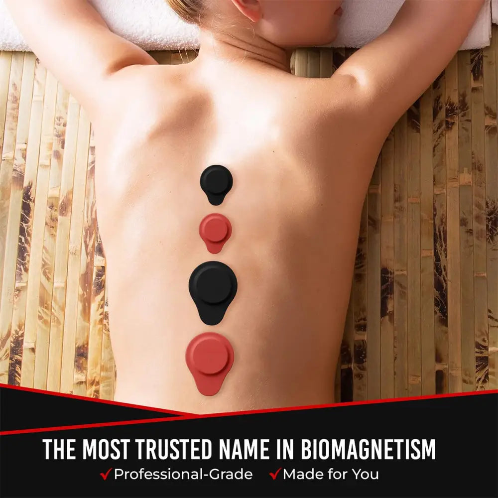 Magnetrx 20 piece neodymium biomagnetic therapy kit showing black and red circular discs on a person’s back