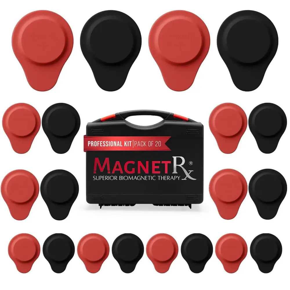 Magnetrx 20 piece neodymium biomagnetic therapy kit with red and black magnetic therapy pads in a professional case