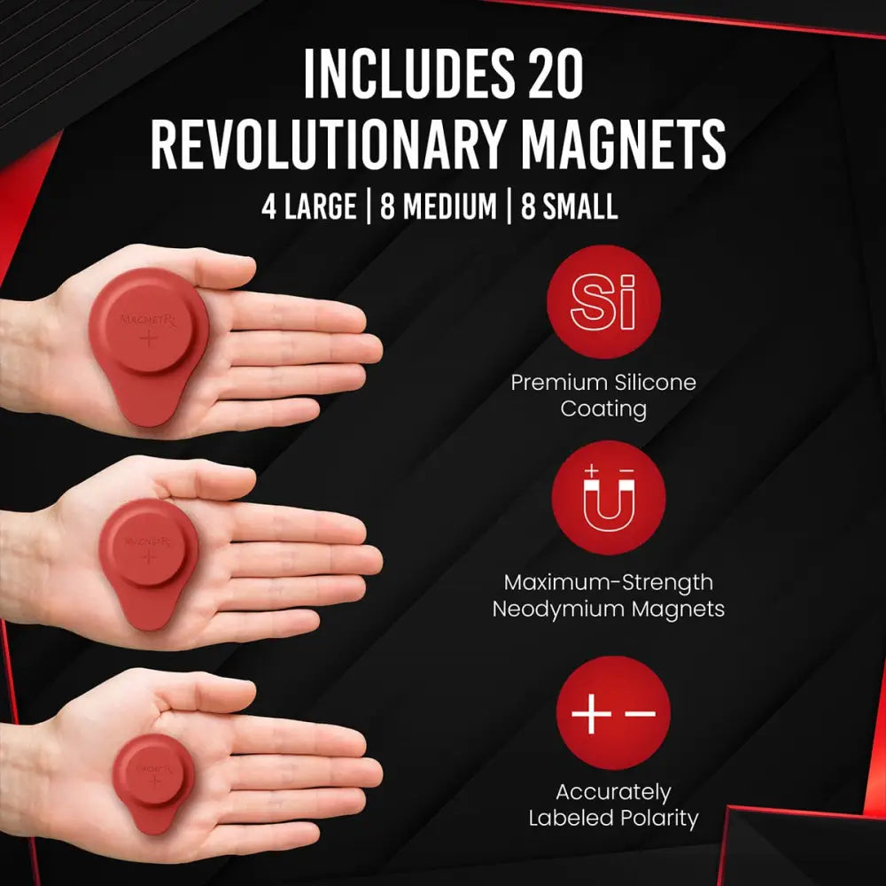 Red silicone-coated neodymium magnets with labeled polarity from magnetrx 20 piece biomagnetic therapy kit