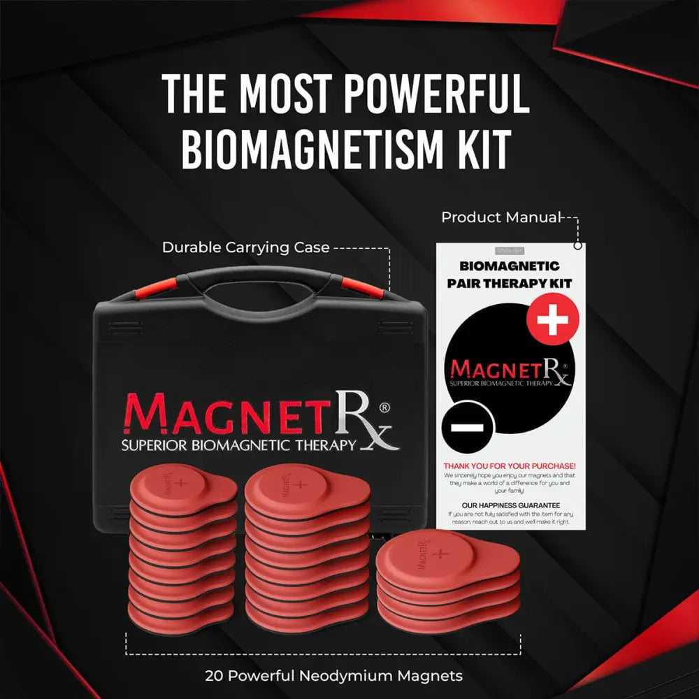 Red circular neodymium magnets stacked beside a black magnetrx carrying case for biomagnetic therapy kit use