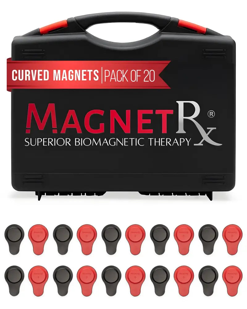 Black plastic case with red accents and handle labeled magnetrx superior biomagnetic therapy for 20 curved magnets