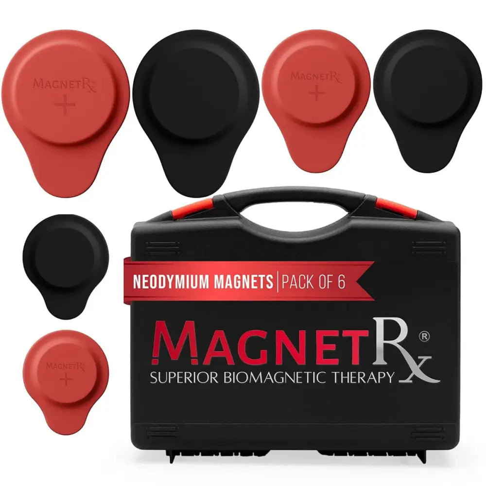 Magnetrx biomagnetic therapy kit with black and red silicone neodymium magnets in a branded carrying case