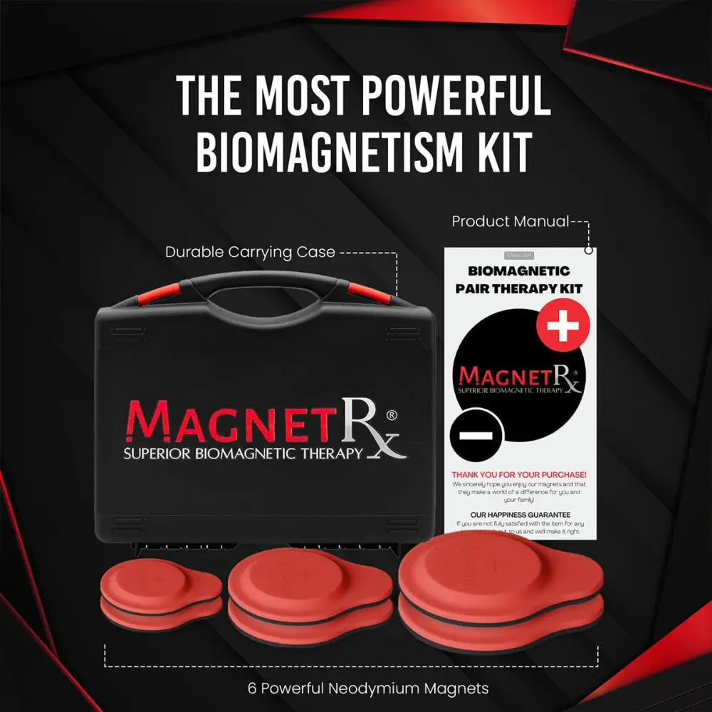 Black and red durable carrying case for the Magnetrx biomagnetic therapy kit with silicone neodymium magnets
