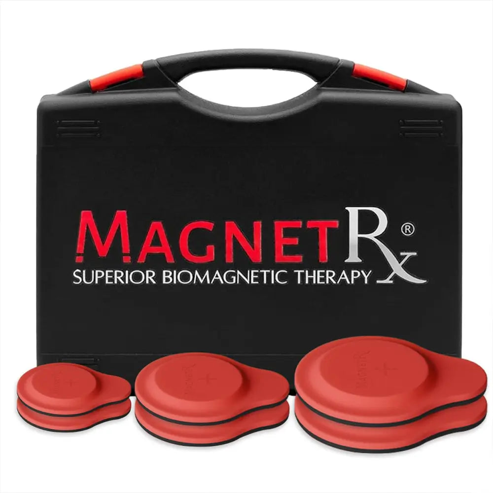 Black plastic carrying case with red handle containing red silicone neodymium magnetic therapy pads magnetrx kit