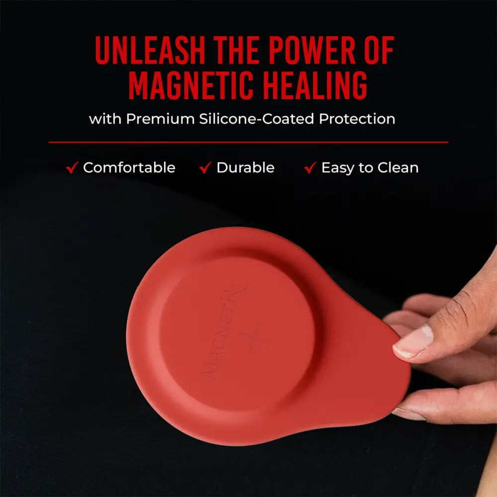 Red silicone-coated magnetic healing pad with smooth rounded design from magnetrx biomagnetic therapy kit with neodymium magnets