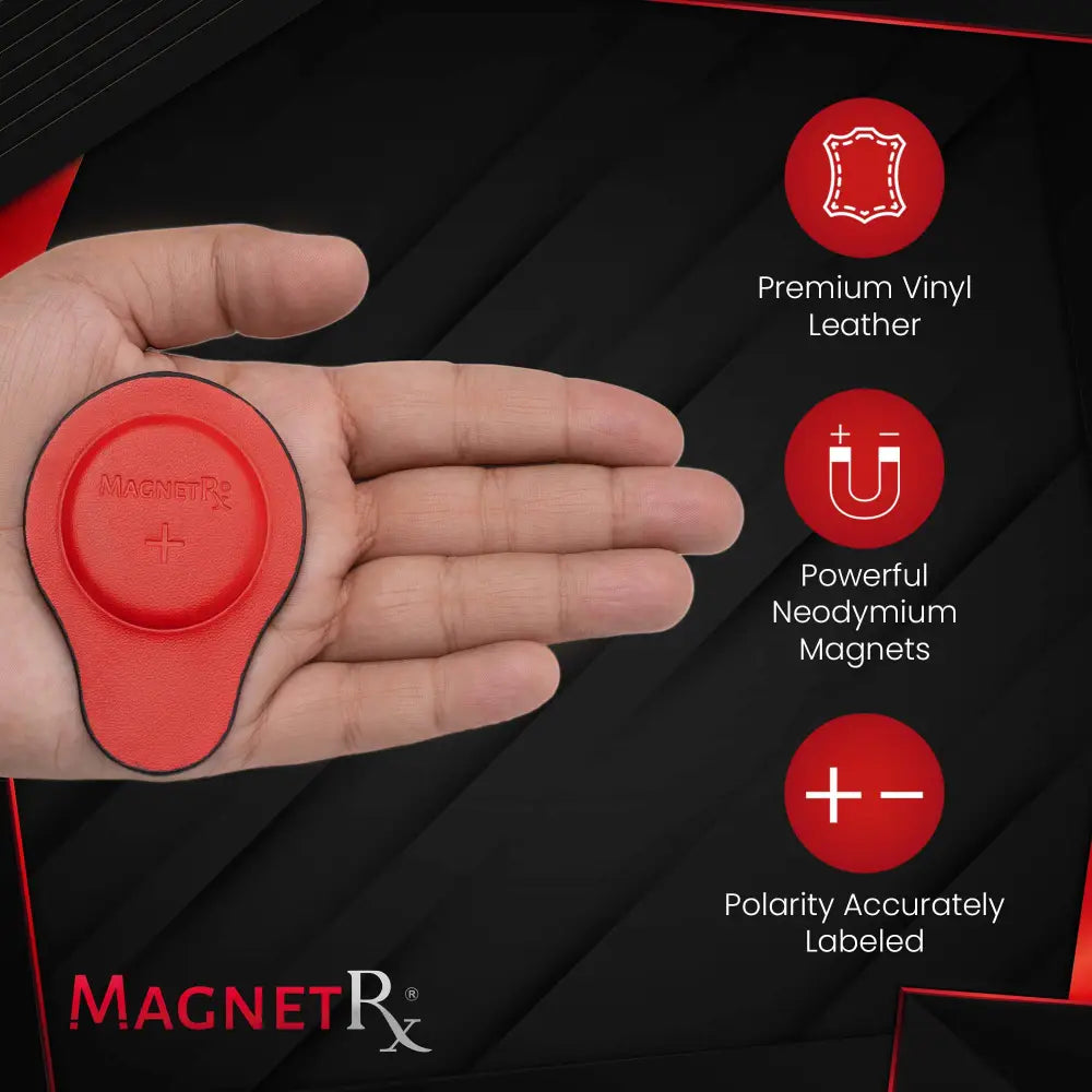 Red oval-shaped Magnetrx premium vinyl leather magnetic disc with clearly labeled polarity for biomagnetic therapy