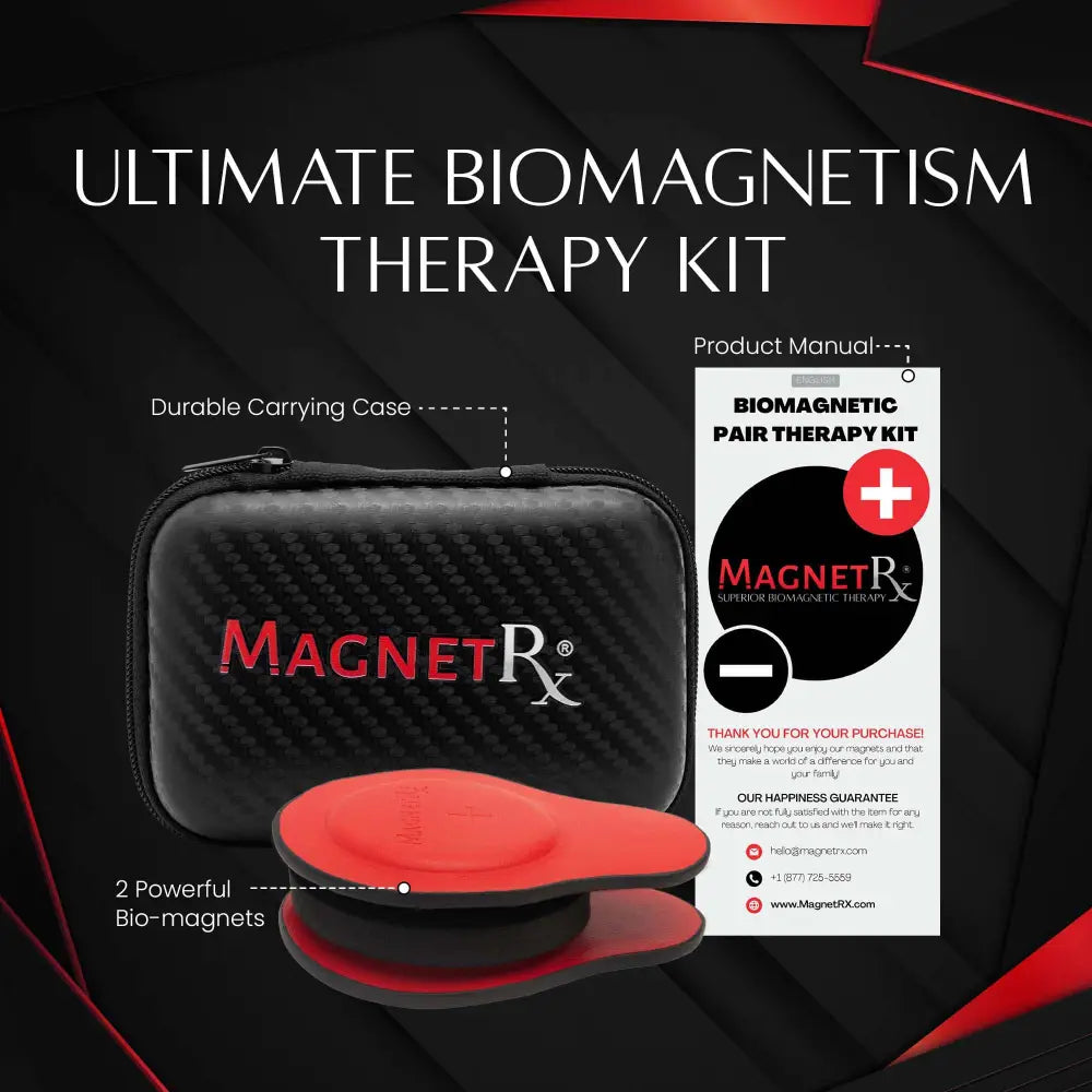 Black carbon fiber textured carrying case with red magnetrx logo and zipper for magnetrx premium leather biomagnetic magnet set