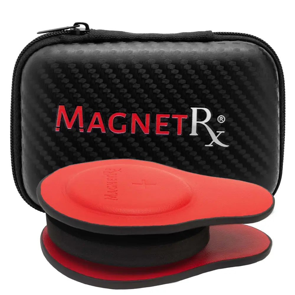Magnetrx premium leather biomagnetic neodymium magnet set featuring red and black magnetic therapy disc in carbon fiber case