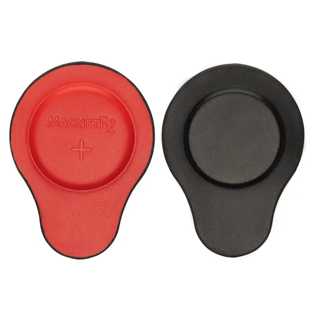 Red and black magnetic phone mounts with textured leather surface and embossed branding from Magnetrx Premium set