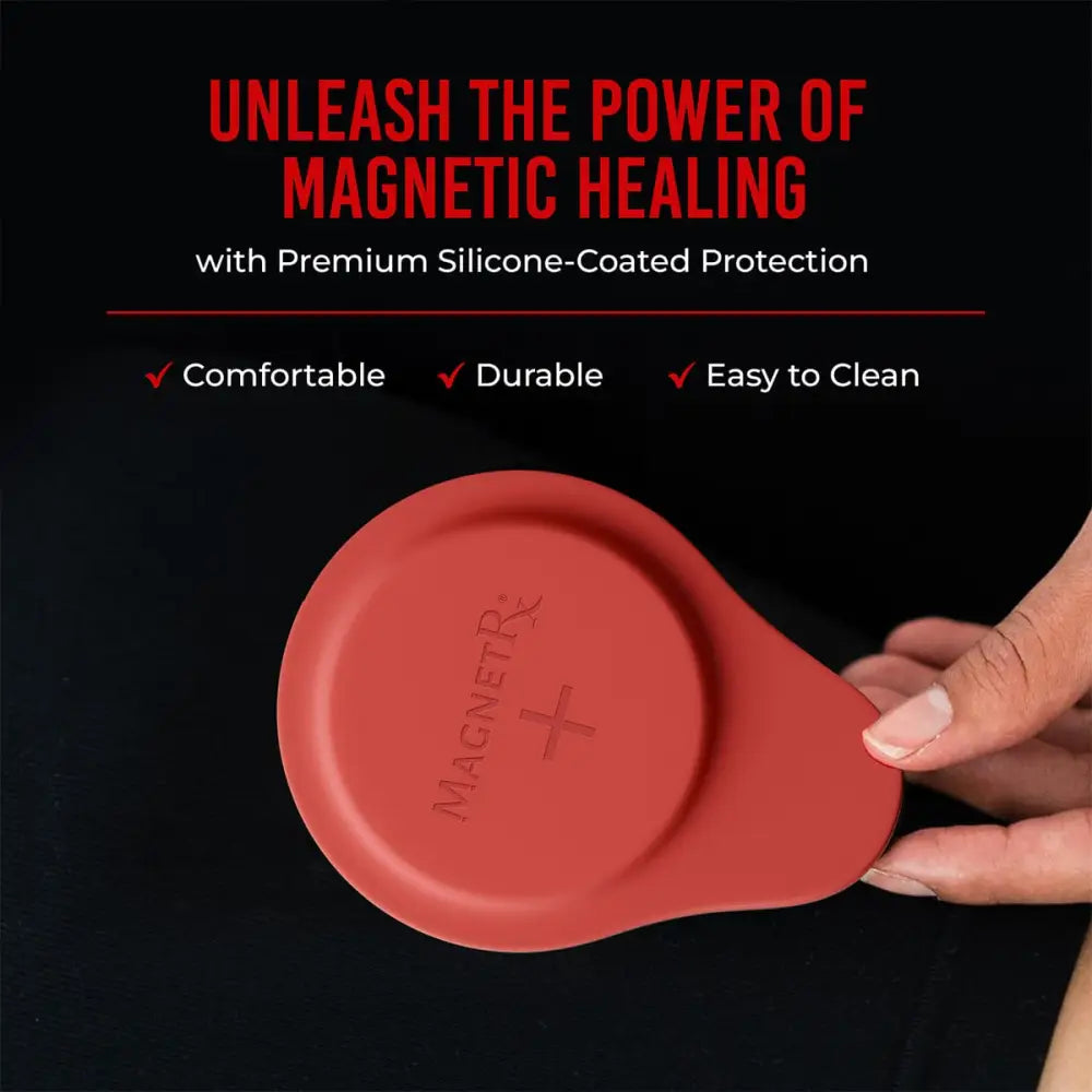 Red silicone-coated premium neodymium biomagnetic therapy magnetic healing pad with magnetrx branding and cross symbol